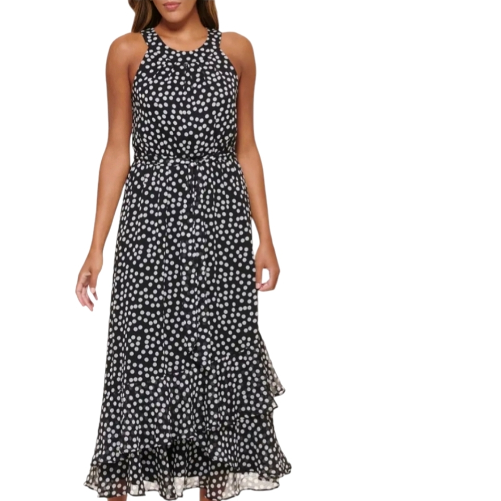 Calvin Klein Black/White Polka Dot Halter Sleeveless Ruffled Maxidress